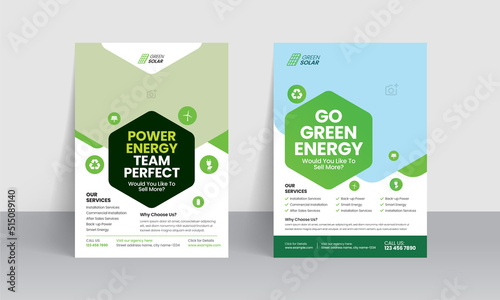 Solar panel business flyer templates and green energy poster layout design