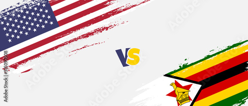 Creative United States of America vs Zimbabwe brush flag illustration. Artistic brush style two country flags relationship background