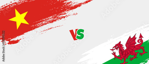 Creative Vietnam vs Wales brush flag illustration. Artistic brush style two country flags relationship background