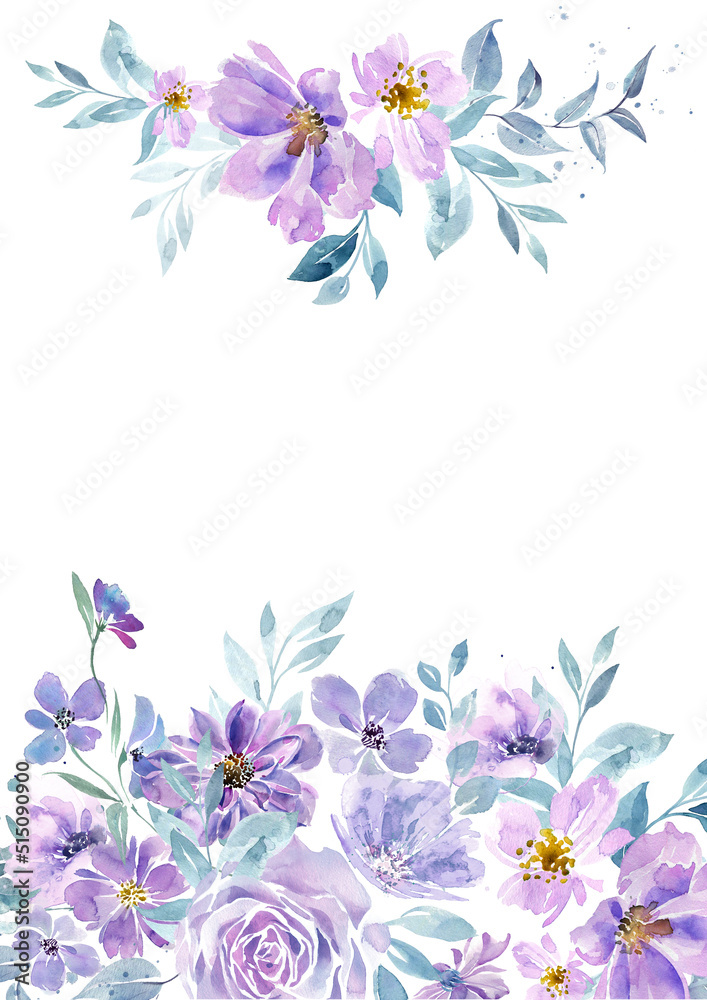 Lilac garden flowers border. Bouquet of purple flowers and eucalyptus leaves. Watercolor floral template for invitation, postcard, poster, print.