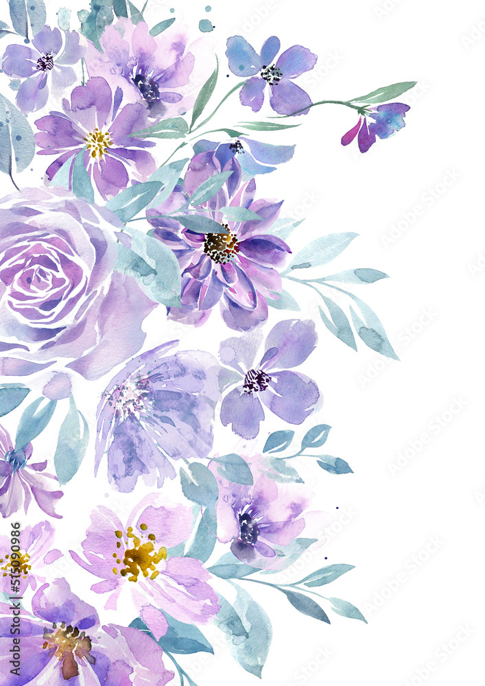 Romantic print violet flowers. Delicate floral border. Watercolor template for postcard, poster, invitation.