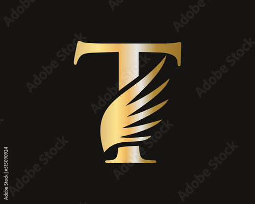 T Letter Transportation Logo Design. Initial Flying Wing T Letter Logo. Letter T logotype and wings Concept photo