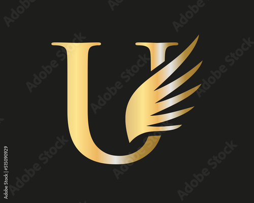 U Letter Transportation Logo Design. Initial Flying Wing U Letter Logo. Letter U logotype and wings Concept photo