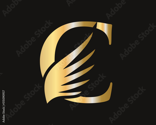 C Letter Transportation Logo Design. Initial Flying Wing C Letter Logo. Letter C logotype and wings Concept photo