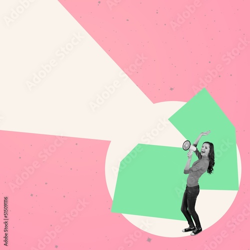 Creative design. Manager shouting in megaphone, public speech, promotion ad job issues discussion. Employment announcement. Concept of business, information, news, team media relations