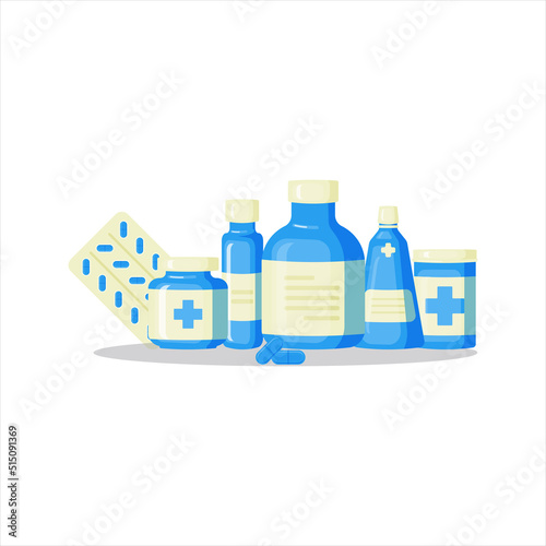 Medical bottle with label. Pill flat icon isolated on white background. Flat vector illustration. 