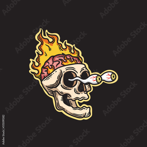 frantic skull illustration of burning brain and bulging eyes