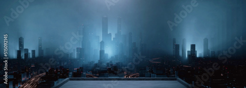 3D Rendering of building deck rooftop in mega cyberpunk style city surrounding with many skyscraper towers and lights from highway. Night scene. For business technology product background, wallpaper
