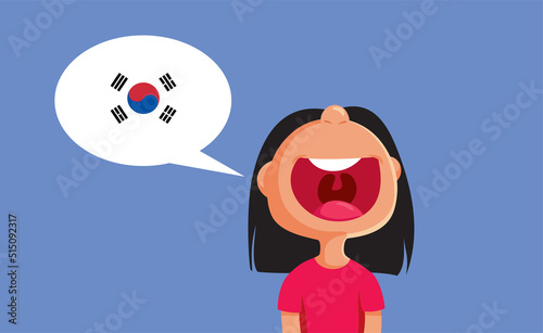 Funny Girl Speaking Korean Vector Cartoon Illustration. Cute primary student learning new foreign language at school
