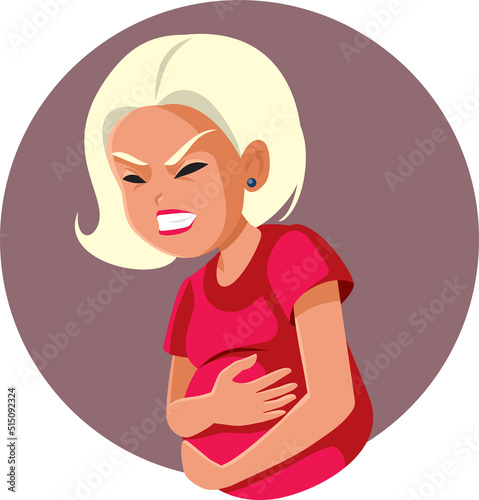 Worried Pregnant Woman Suffering from cramps Vector Cartoon Illustration. Mother to be entering labor phase with painful contractions

