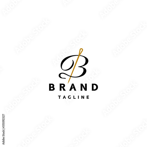 Clothing boutique or fabric store logo design with gold needle icon and script letter B. Letter B and Classic Needle Logo Design.. Letter B and Classic Needle Logo Design.