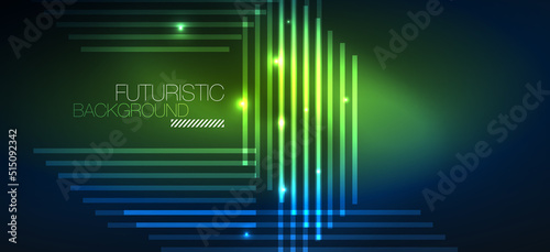 Background wallpaper neon glowing lines and geometric shapes. Dark wallpaper for concept of AI technology, blockchain, communication, 5G, science, business and technology
