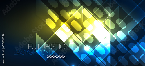 Background neon glowing lines and geometric shapes. Lights in the dark wallpaper for concept of AI technology, blockchain, digital, communication, 5G, science