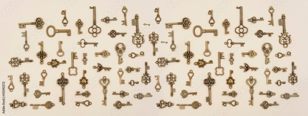 various size and type of Bronze ornamental keys for clocks and treasure ...