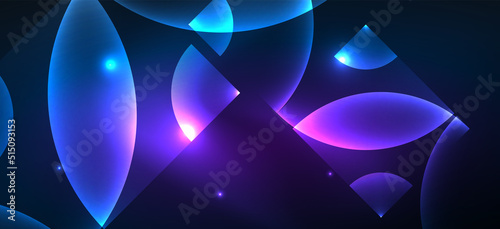 Shiny neon geometric abstract background. Glowing lights on round shapes, triangles and circles. Wallpaper for concept of AI technology, blockchain, communication, 5G, science, business