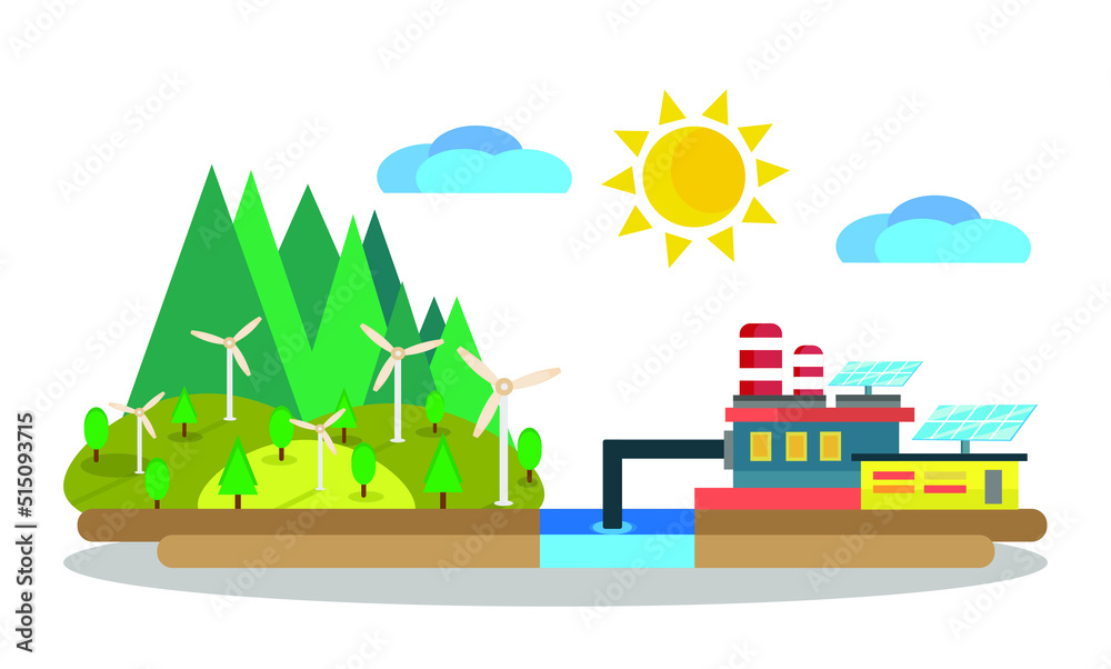 Conserving green energy with mountains ecological way of life vector illustration for data graphics green renewable energy house concept Solar panels and wind turbines isolated on a white background