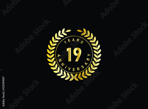 19th anniversary celebration with gold glitter color and white background. Vector design for celebrations, invitation cards and greeting cards.