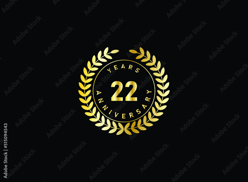 Fototapeta premium 22th anniversary celebration with gold glitter color and white background. Vector design for celebrations, invitation cards and greeting cards.