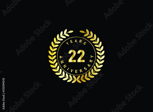 22th anniversary celebration with gold glitter color and white background. Vector design for celebrations, invitation cards and greeting cards.