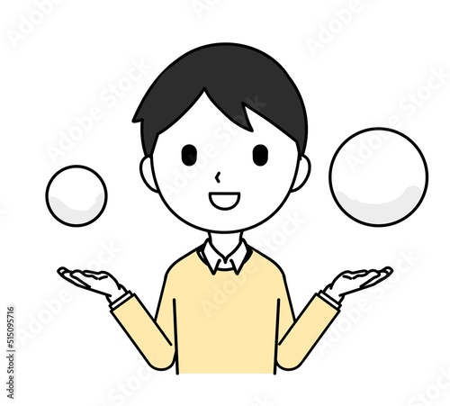 両手にモノを持って比べる男性のイラスト 笑顔 上半身 線画