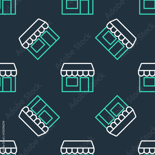 Line Shopping building or market store icon isolated seamless pattern on black background. Shop construction. Vector