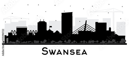 Swansea Wales City Skyline Silhouette with Black Buildings Isolated on White. photo
