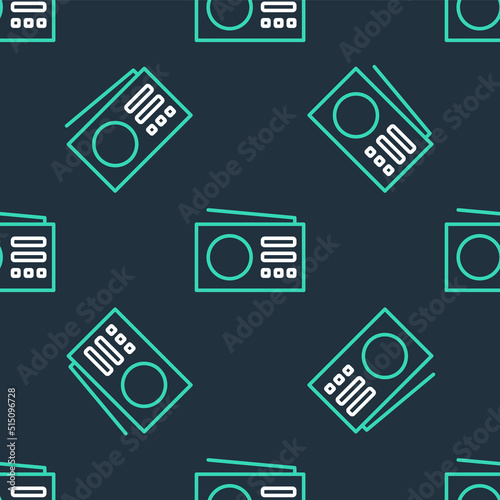 Line Radio with antenna icon isolated seamless pattern on black background. Vector