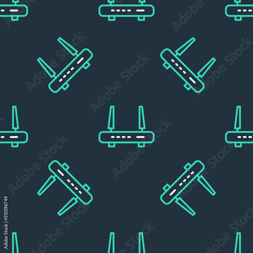 Line Router and wi-fi signal icon isolated seamless pattern on black background. Wireless ethernet modem router. Computer technology internet. Vector