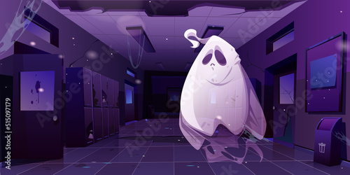 Ghost in abandoned school hall interior at night. Cartoon Halloween character inside of old college corridor with spider webs, lockers and broken walls. Funny spook fantasy monster Vector illustration
