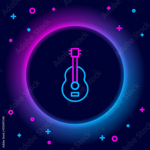 Glowing neon line Spanish guitar icon isolated on black background. Acoustic guitar. String musical instrument. Colorful outline concept. Vector