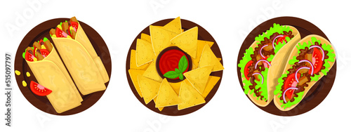 Taco, fast food icon, menu snack, Mexican cuisine sandwich, vector isolated. Fastfood restaurant and street food snack meals, taco tortilla with meat with vegetables, delivery of takeaway food