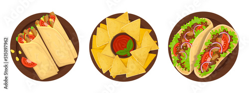 Taco, fast food icon, menu snack, Mexican cuisine sandwich, vector isolated. Fastfood restaurant and street food snack meals, taco tortilla with meat with vegetables, delivery of takeaway food