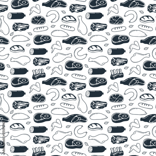 pattern of hand drawn meat products. illustration drawn in doodle style