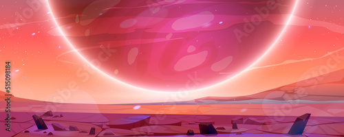 Mars landscape, alien planet sunset background, red desert cracked surface with stones, stars shine. Martian space ground, scenery game backdrop with big sphere in pink sky, cartoon vector