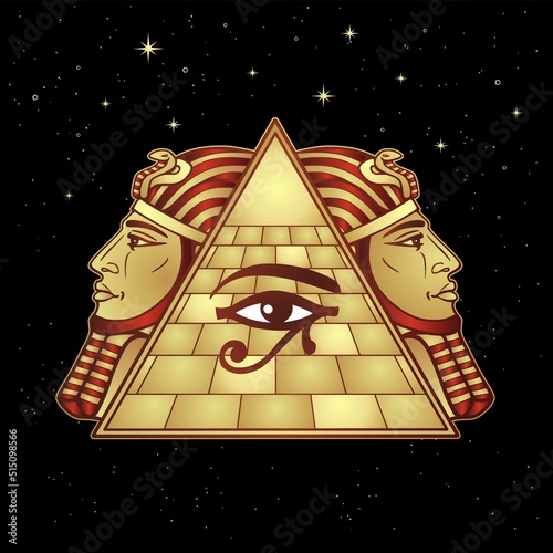 Animation drawing: symbol of  Egyptian pyramid, eye of Horus, profile of the pharaoh.Vector illustration isolated on a black background. Night starry sky.