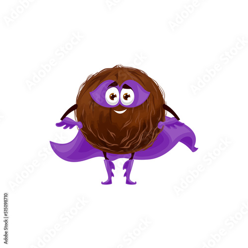 Coconut fruit in hard shell superhero in mask and cape isolated funny emoticon cartoon character. Vector exotic food hero, smiling coconut with arms and legs. Palm tree nut, cheerful super hero