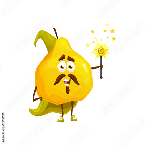 Cartoon yellow pear fruit wizard or magician character. Funny ripe vector quince sorcerer, magic personage in witch hat and cape with wand in hand. Smiling mustached wiz fruit enchanter or necromancer