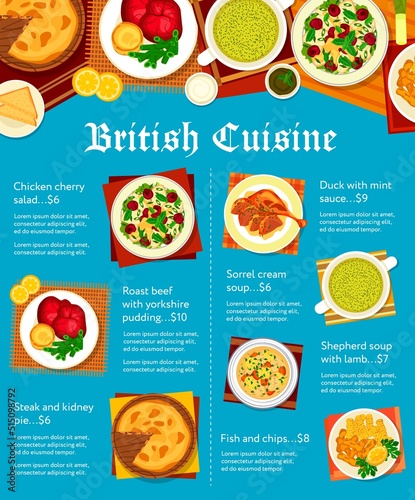 British cuisine menu cover. Sorrel cream soup, fish and chips and chicken cherry salad, shepherd soup with lamb, roast beef with yorkshire pudding and duck with mint sauce, steak and kidney pie