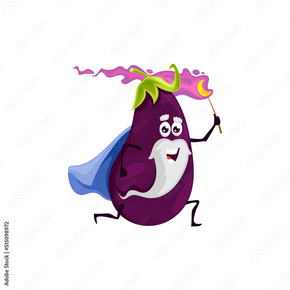 Fototapeta premium Cartoon running eggplant wizard character. Vector magician vegetable with long white beard wear cape and burning torch in hand. Funny magic parsonage, wiz or sorcerer isolated on white
