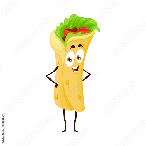 Funny shawarma character. Vector burrito, roll or doner kebab fast food. Funny cartoon personage filled with lettuce and tomatoes. Mexican tex mex snack with big eyes, smiling face and arms akimbo.