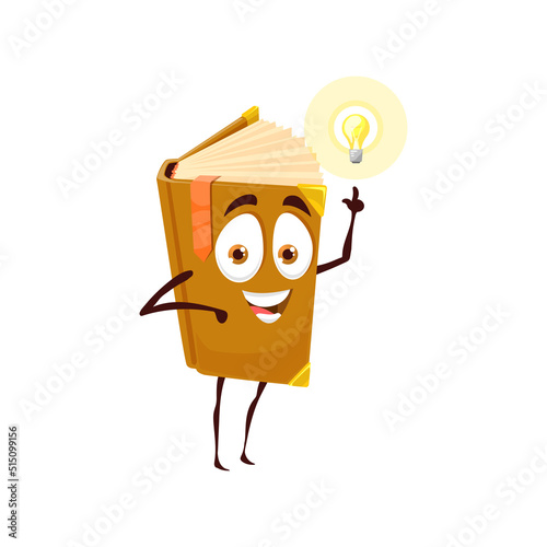 Funny cartoon kids textbook with lightened lamp new idea symbol isolated book character emoticon. Vector knowledge and wisdom emoji, book with excited expression. Happy learning and education object