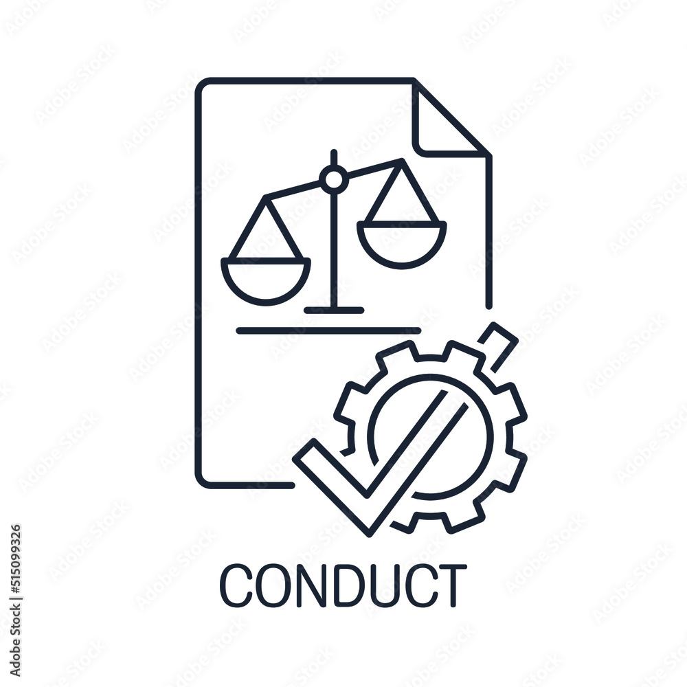 Official conduct. Guided by the law. Vector linear icon isolated on white background. Official conduct. Guided by the law. Vector linear icon isolated on white background.