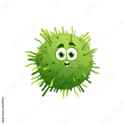 Cartoon coronavirus character vector green funny cell of covid19 virus, bacteria or germ with smiling face, big eyes and outgrowths. Pathogen microbe monster, isolated corona mascot, cute personage