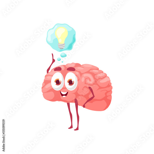 Smart brain with light bulb isolated funny cartoon character. Vector funny clever symbol of intelligence and brain power, thinking positive emoticon with lightbulb new idea sign. Genius thinker mascot