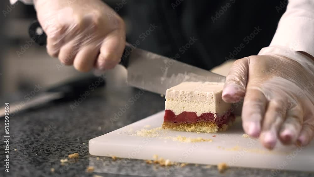 young girl chef makes desserts. bakes sweets and cakes. makes blanks and prepares fruits for the filling. baking, dessert, sweets, complex cooking processes.