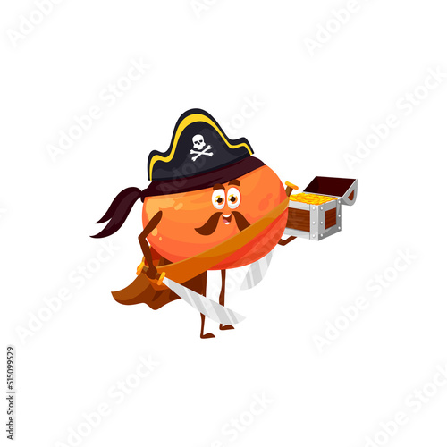 Clementine mandarin citrus fruit pirate corsair emoticon isolated funny cartoon character with sword. Vector tangerine in buccaneer hat and chest with gold. Exotic tropical food dessert with mustaches