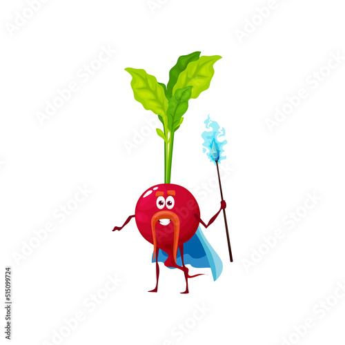 Cartoon radish vegetable magician character. Funny vector wizard with magic staff burn with blue fire. Wiz or sorcerer with long mustaches on smiling face isolated on white