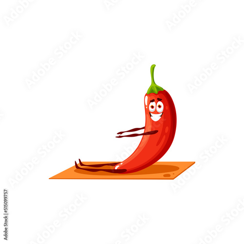 Cartoon chilli pepper stretching on mat isolated funny kids character yoga fitness. Vector hot chilly healthy vegetarian food with happy smiling face on sport workout. Sportive vegetable on trainings