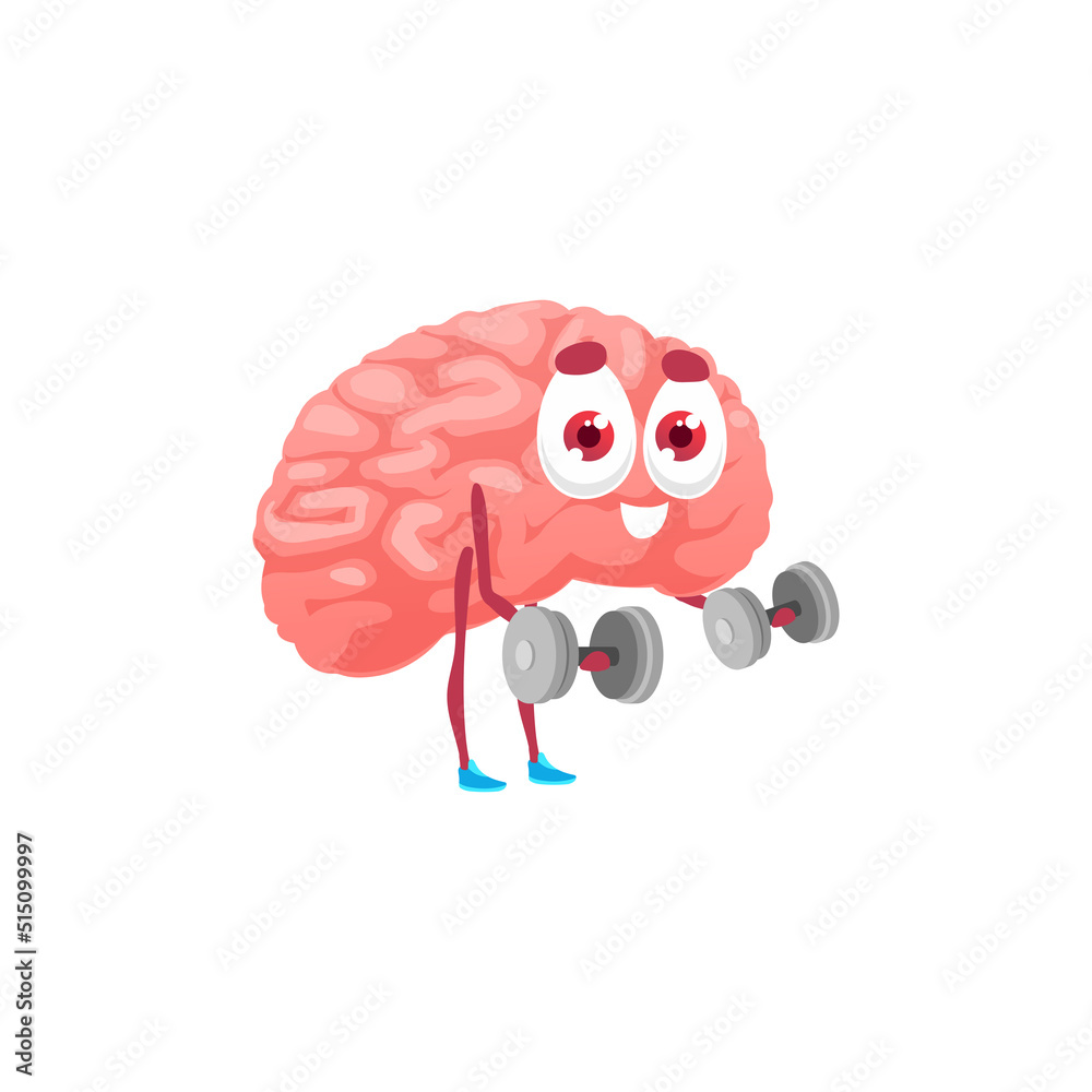 Brain power, cartoon character lifting dumbbells isolated memory training emoticon. Vector strong mind doing exercises in gym, mental health, iq. Creative brain mascot with barbells, fitness sport Brain power, cartoon character lifting dumbbells isolated memory training emoticon. Vector strong mind doing exercises in gym, mental health, iq. Creative brain mascot with barbells, fitness sport