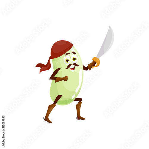 Vegetarian food bean superhero cartoon character in bandana with sword isolated healthy vegetable emoticon, nutrition seed emoji fighting. Vector bean legume with hands and leg, comic superfood hero